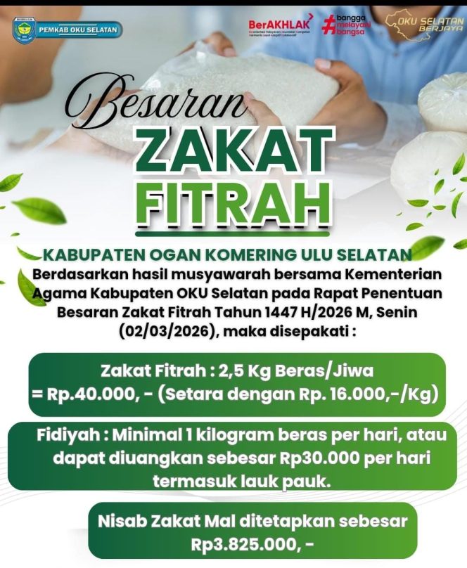
					Kemenag OKU Selatan Tetapkan Zakat Fitrah 1447 H Sebesar Rp40.000 per Jiwa
